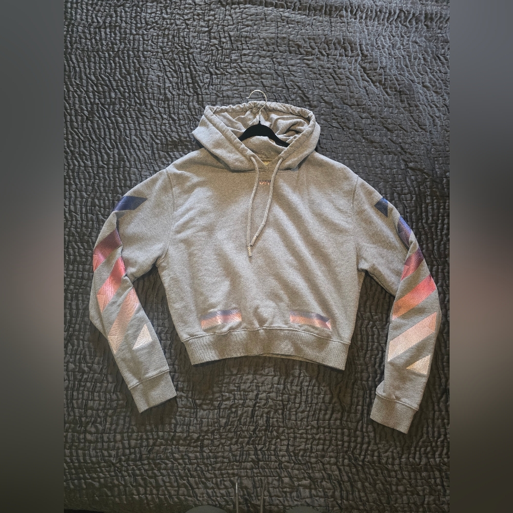 Off-White Gray Hoodie with Multicolor Accents
